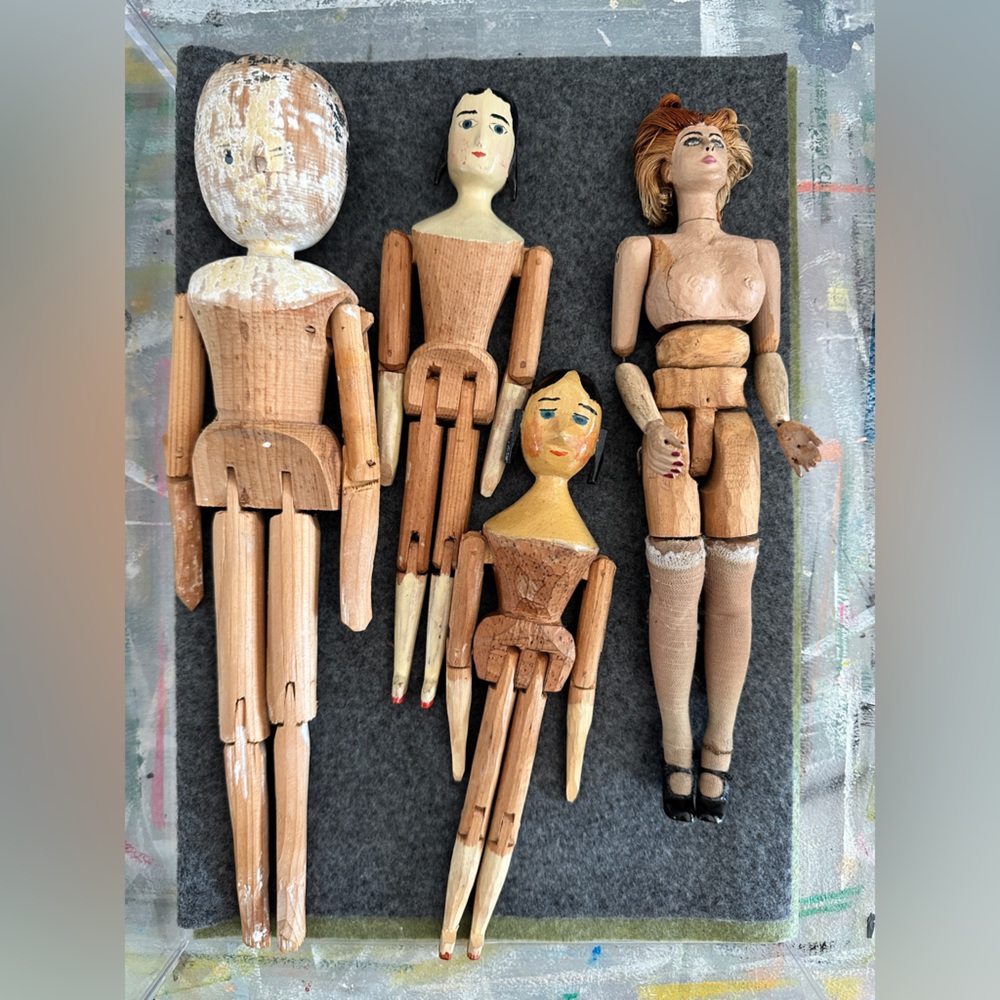 Set of 4 Wooden Antique Articulated Peg dolls